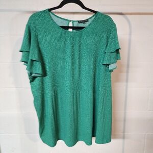 Adrianna Papell Green Polka‎ Dot Ruffle Sleeve Pleated Blouse Top 1X